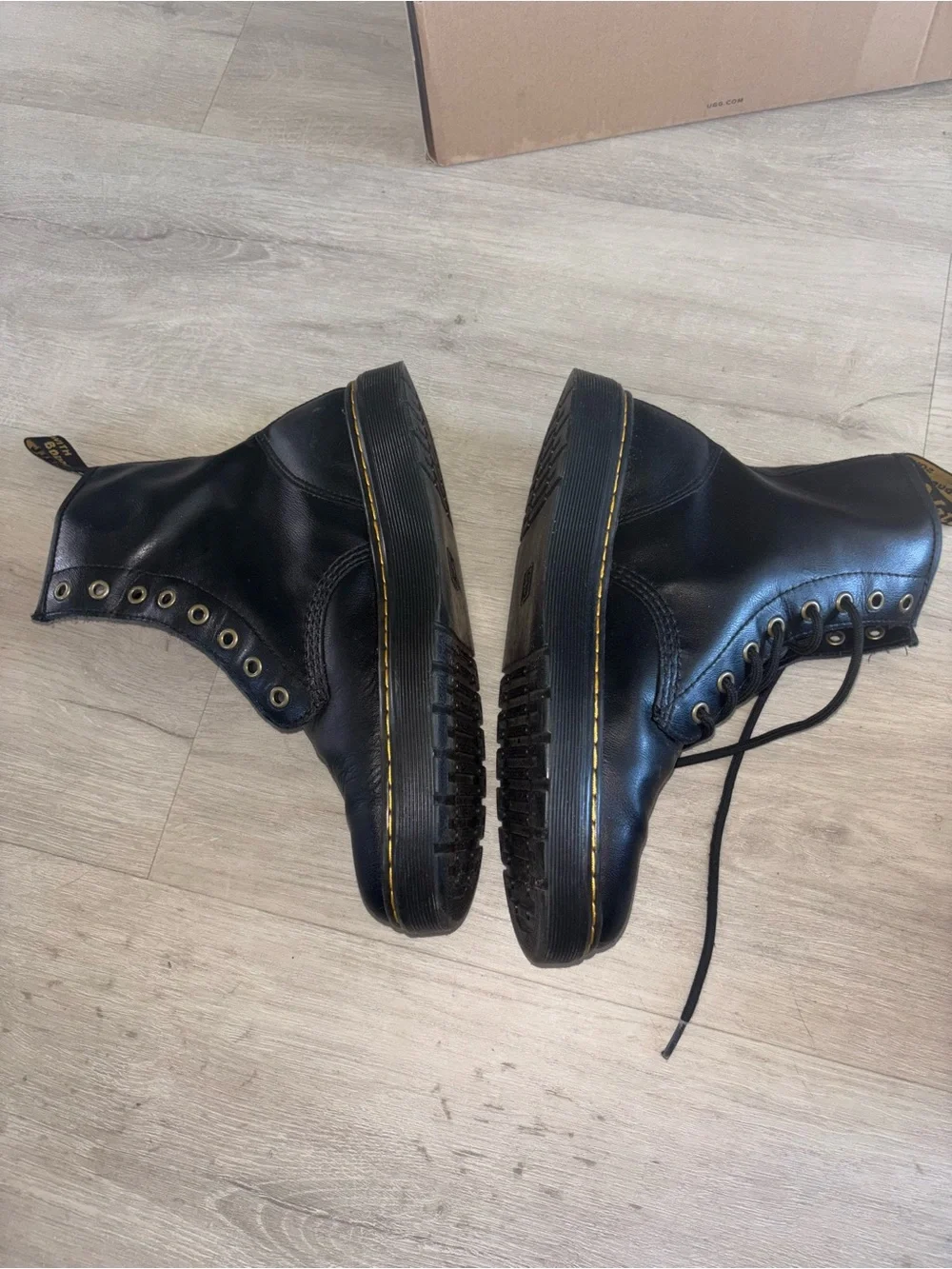 Dr. Martens Black Leather Lace-Up Combat Boots with Yellow Stitching. SIZE 42Eu